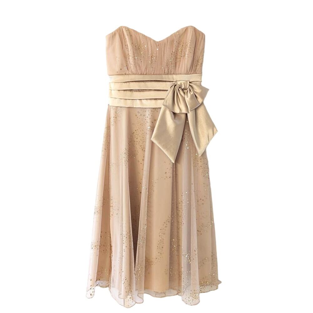 Thea Dora Nude Tan Sparkle Bow Formal Dress
